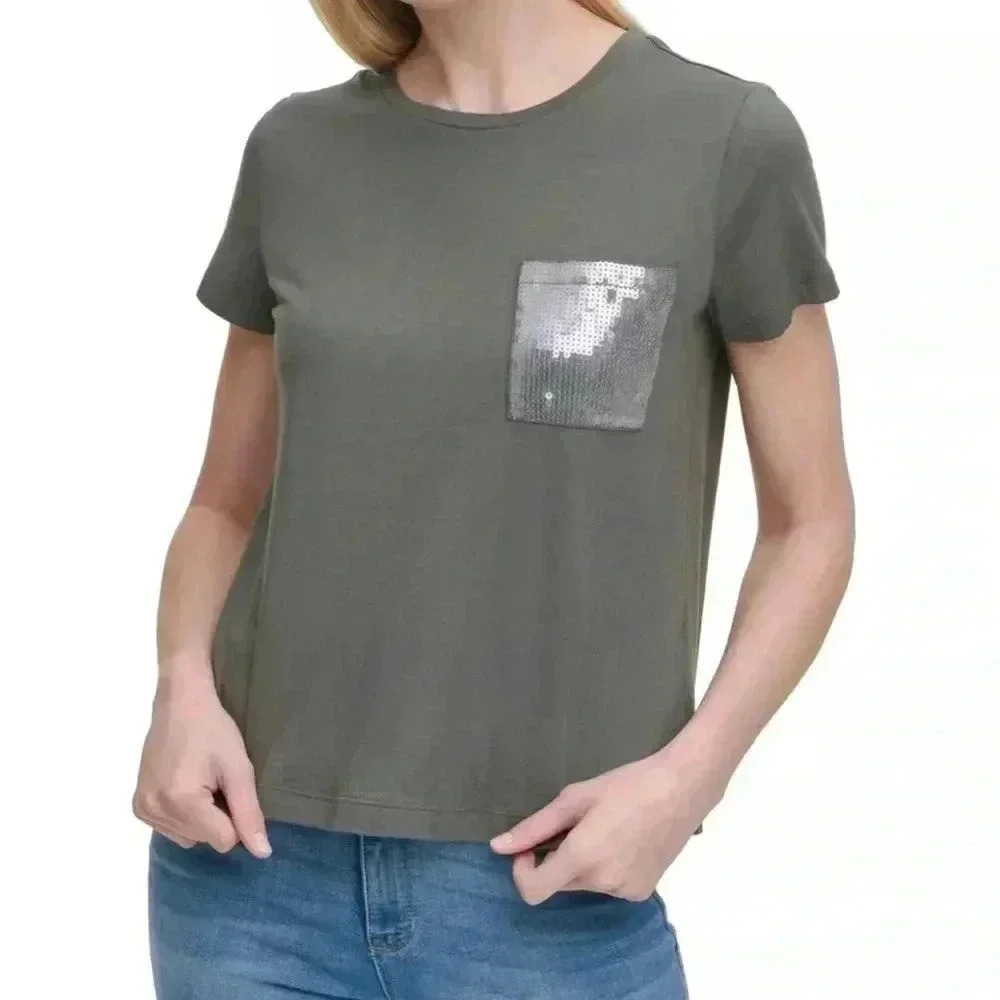 DKNY Women's Olive Green Short Sleeve Sequin Breast Pocket T-Shirt size large